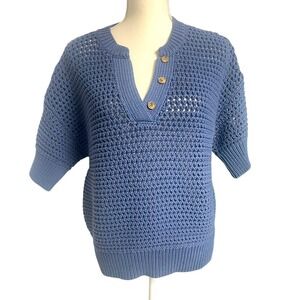 Haven Well Within Blue  Cable Knit Short Sleeve  Henley Sweater Women's‎ Medium